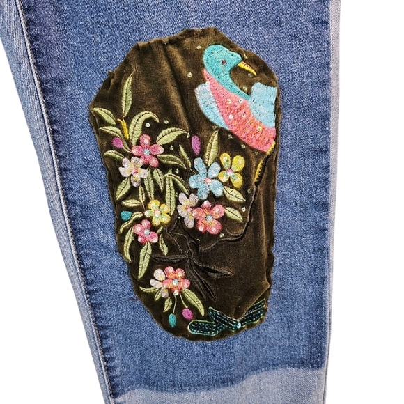 Hippie Denim Boho Embroidered Patchwork Slim Straight Jeans 31 Cropped Unique - Picture 9 of 13
